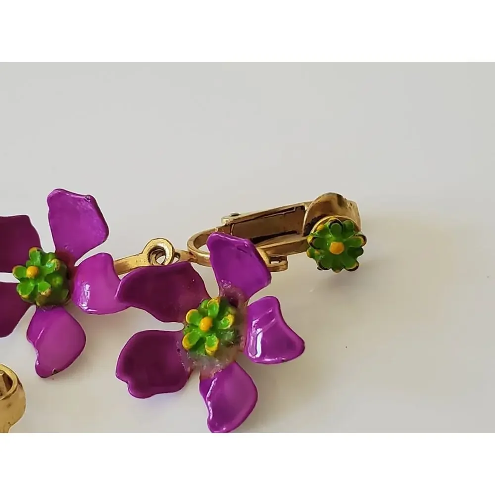 Vintage Mid-Century Purple Metal Flower Clip On Earrings